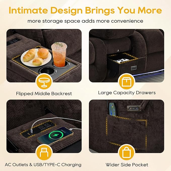 IPKIG 67" Power Reclining Loveseat Sofa, Electric Home Theater Seating with Console/4 Colors Ambient Lighting/Bluetooth Speakers/USB Ports/Built-in Outlets (Coffee, Loveseat Recliner)