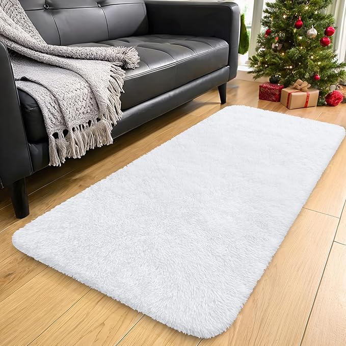 OLANLY 2x8 Machine Washable Runner Rugs for Hallway, Soft Fluffy Shaggy Bedside Rugs for Bedroom, Living Room, Indoor Floor Carpet for Kids Girls and Boys, Nursery Rooms, Home Decor Aesthetic, White
