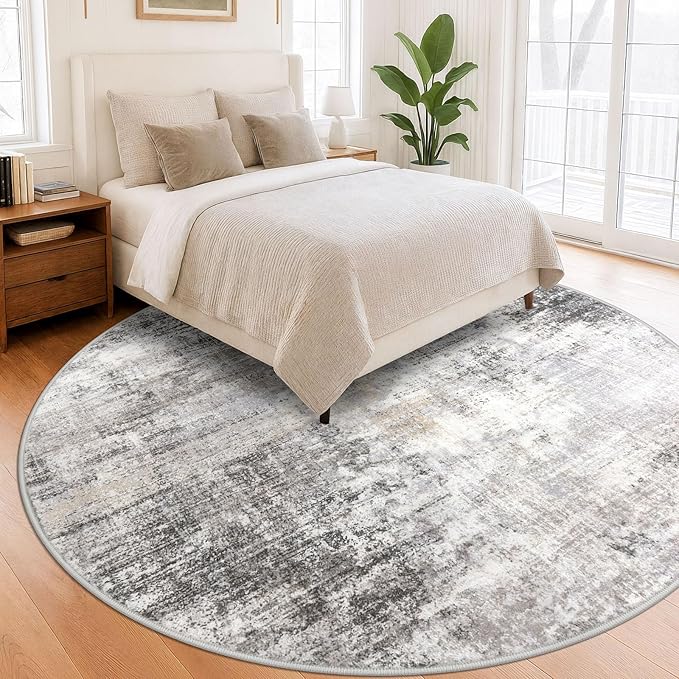 IOHOUZE Abstract Round Area Rug 8 Ft Washable Circle Rugs Large Round Rug Non Slip Thin Soft Circle Rugs, Printed Faux Wool Floor Carpet for Bedroom Living Room Dining Room Nursery, Grey Beige