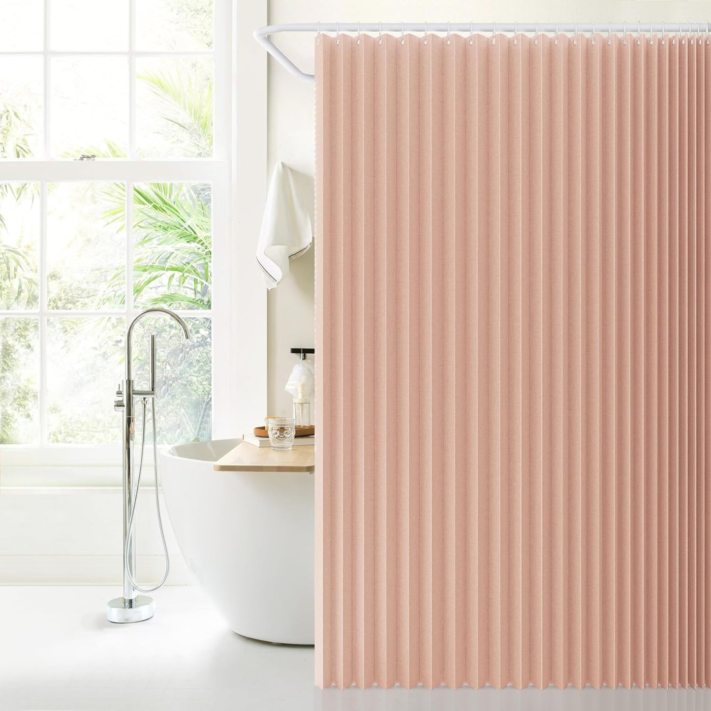 Jubilantex Folding Linen Shower Curtain for Bathroom Pink Waterproof Shower Curtain 1 Panel with 14 Metal Grommets and 1 Tie Back for Hotel,70"x70"