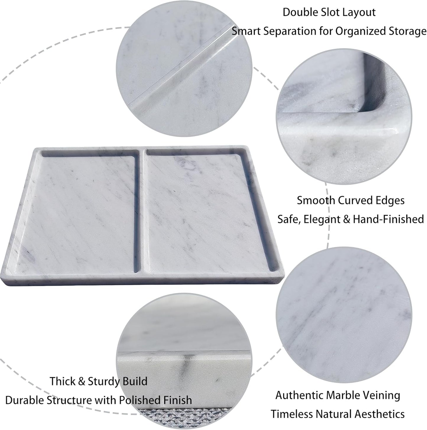 11.81"x7.87" Marble Decorative Tray with Dual Compartments – Catchall Organizer for Jewelry, Cosmetics, Soap – Polished Stone Dresser Vanity Tray for Bathroom, Entryway, Office – Calacatta White