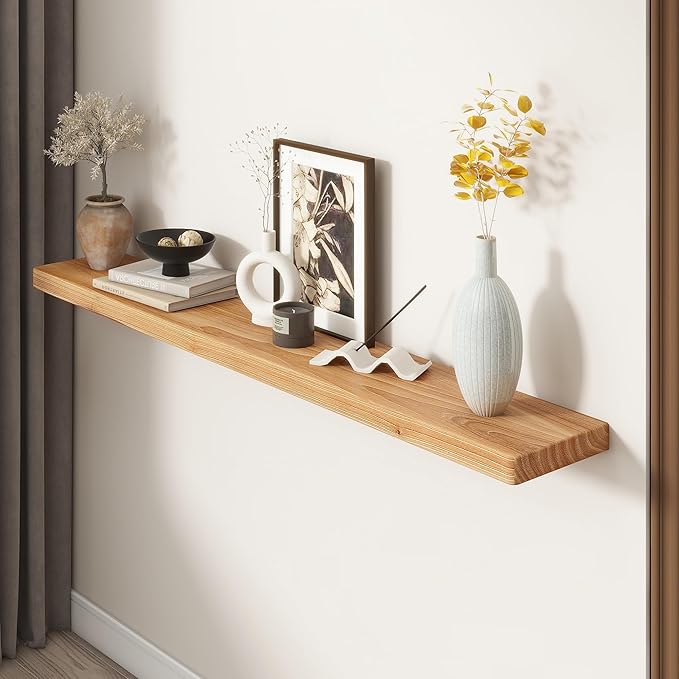 55 Inch Wood Floating Shelves, Natural Elm Wood Floating Shelf for Wall, 8 Inch Deep Wall Shelves for Home Storage & Display, Deep Rustic Wooden Shelves for Living Room, Bedroom, Kitchen
