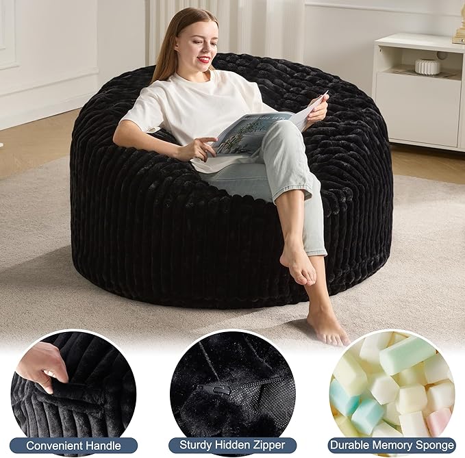 Hobestluk 4ft Bean Bag Chairs for Adults Large Beanbag Chair with Dutch Corded Plush Cover Big Bean Bag Chair for Living Room Bedroom Dorm Office - Black (44" x 44" x 24")