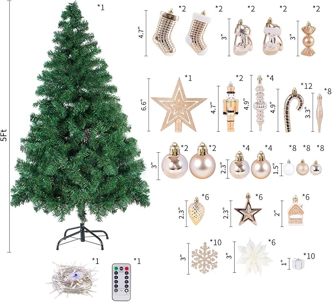 6ft Artificial Christmas Tree with Lights and Ornaments, Prelit Xmas Tree with Hanging Balls (8 Modes) for Home Holiday Decoration, Champagne+White