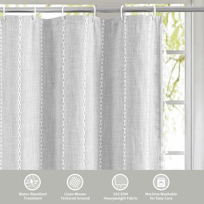 MitoVilla Grey Boho Farmhouse Small Stall Shower Curtain Set 36 x 72, Half Size Narrow Polyester Linen Fabric Shower Curtains for Farmhouse Bathroom Decor, Light Grey