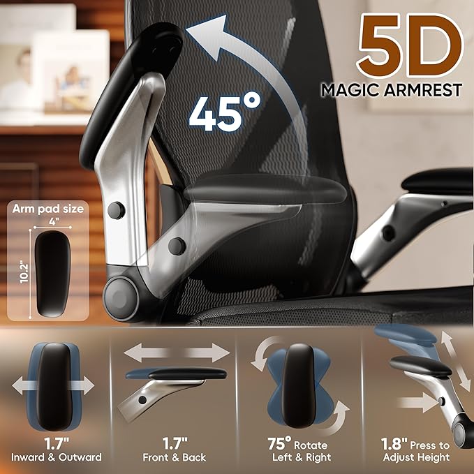 GABRYLLY Ergonomic Office Chair, Home Mesh Desk Chair with Adjustable Lumbar Support, 5D Arms & Wide Seat, 135° Recline Big and Tall Computer Chairs for Work Gaming, Heavy Duty,300LBS