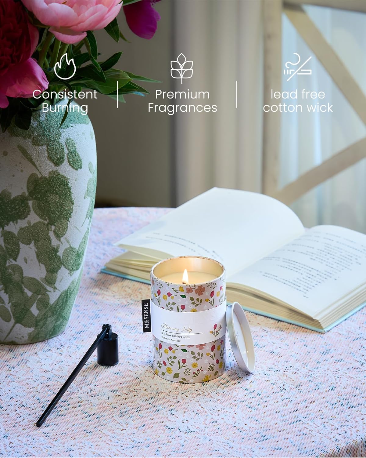 M&SENSE Blooming Tulip Scented Candle, Medium Jar Candle 11.3oz Natural Soy Wax for Home Scented, Floral Candles Gift for Spring Holiday, Up to 70 Hours Burning Long-Lasting Fragrance