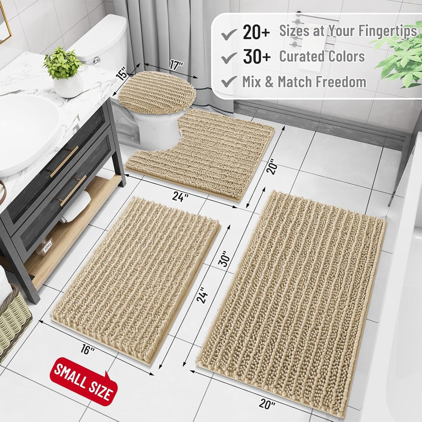 Arotive Luxury Chenille Bathroom Rug Mat, Extra Soft Thick Absorbent Shaggy Bath Rugs, Non-Slip Machine Wash Dry, Plush Bath Mats for Bathroom, Shower and Tub, 40x32, Beige