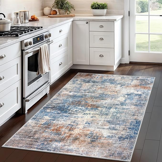 IOHOUZE Abstract Area Rug 4x6 Ft Washable Rugs for Entryway Indoor, Non Slip Small Living Room Rugs Printed Faux Wool Throw Rug, Floor Carpet for Kitchen Nursery Playroom, Blue Rust