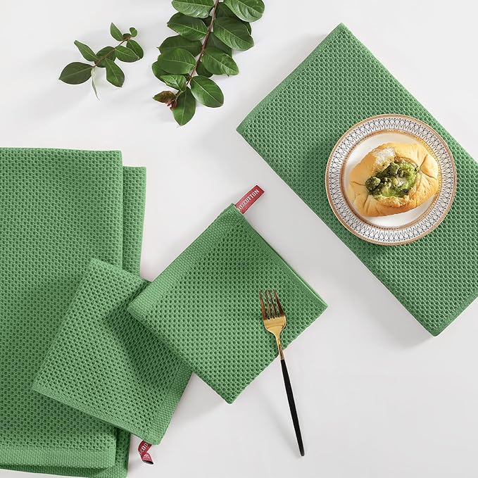 Homaxy 100% Cotton Kitchen Towels and Dishcloths Set, 12 x 12 Inches and 13 x 28 Inches, Set of 8 Bulk Kitchen Towels Set, Ultra Soft Absorbent Dish Cloths for Washing Dishes, Grass Green