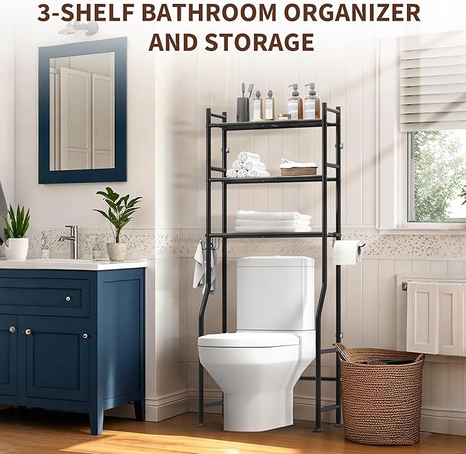 Over The Toilet Storage Rack,3-Tier Over Toilet Bathroom Organizers and Storage with Paper Holder and 4 Hook,Durable and Versatile,Space-Saving Design for Bathrooms/Kitchens/Living Room