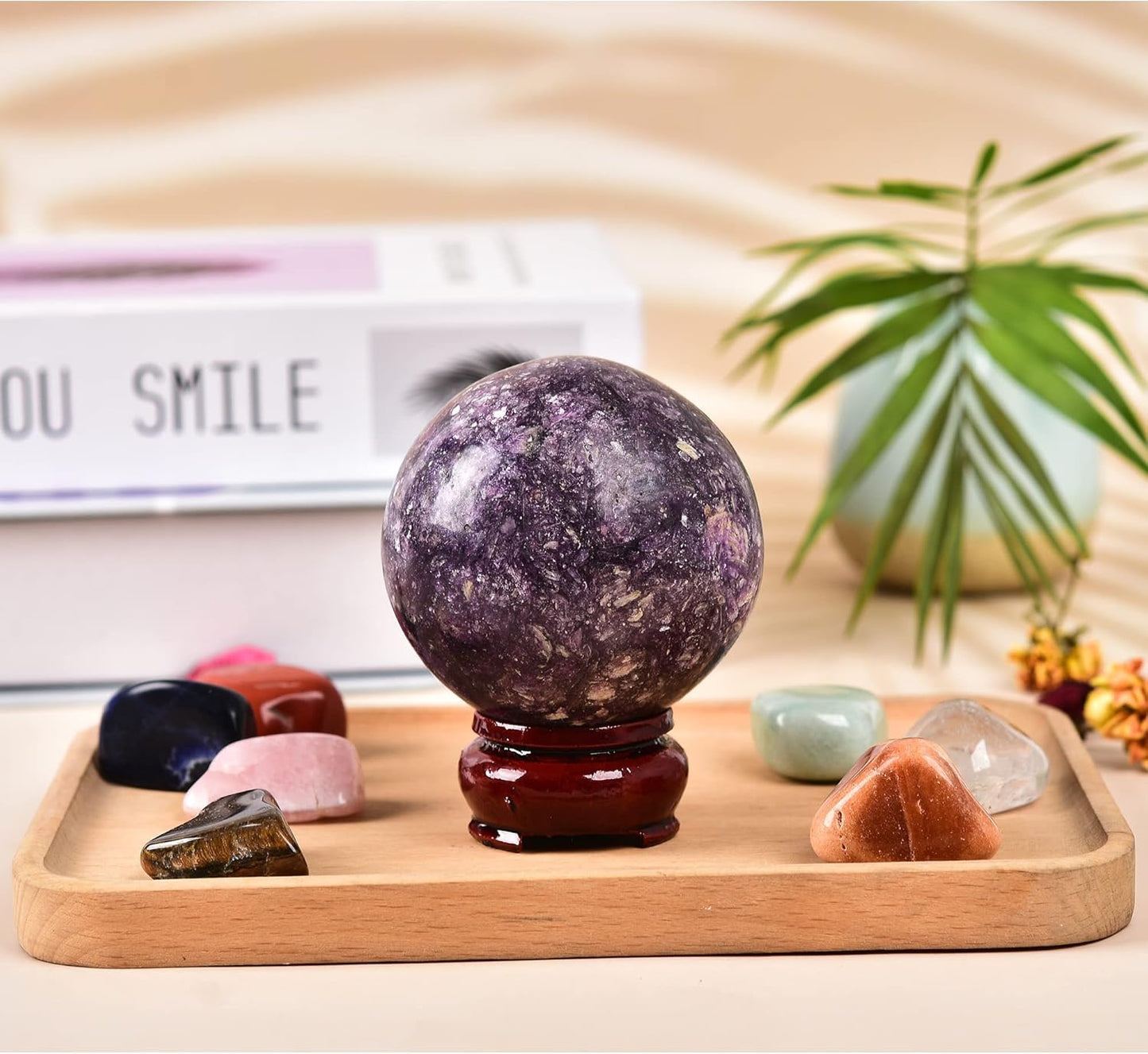 JIC Gem Small Purple Mica Crystal Ball Sphere with Decorative Wooden Stand for Decorative Ball,Divination or Feng Shui,and Fortune Telling Ball (60-70mm)