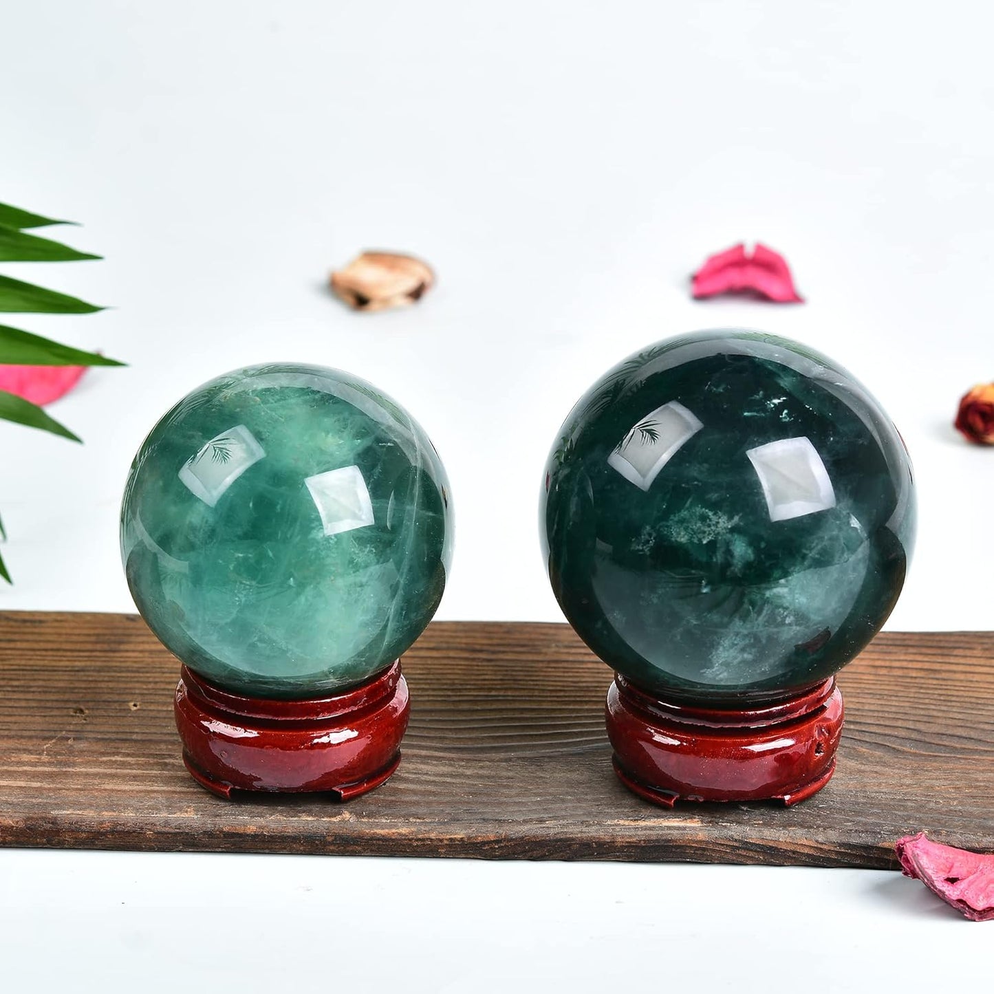 JIC Gem Small Natural Fluorite Crystal Ball Green Purple Quartz Healing Gemstone Sphere with Decorative Wooden Stand for Meditation,Home Decoration Christmas Day Gifts (60-70mm)
