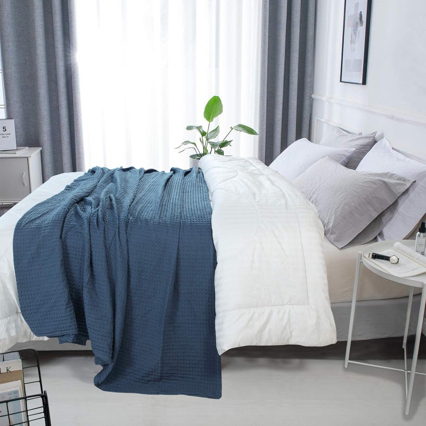 HILLFAIR 100% Combed Cotton Blanket– King Size Bed Blankets– Warm Soft All Season Breathable Lightweight Summer Blankets– Waffle Weave Home Decor Bed Blanket- Navy King Bed Cotton Blankets/Bedcovers