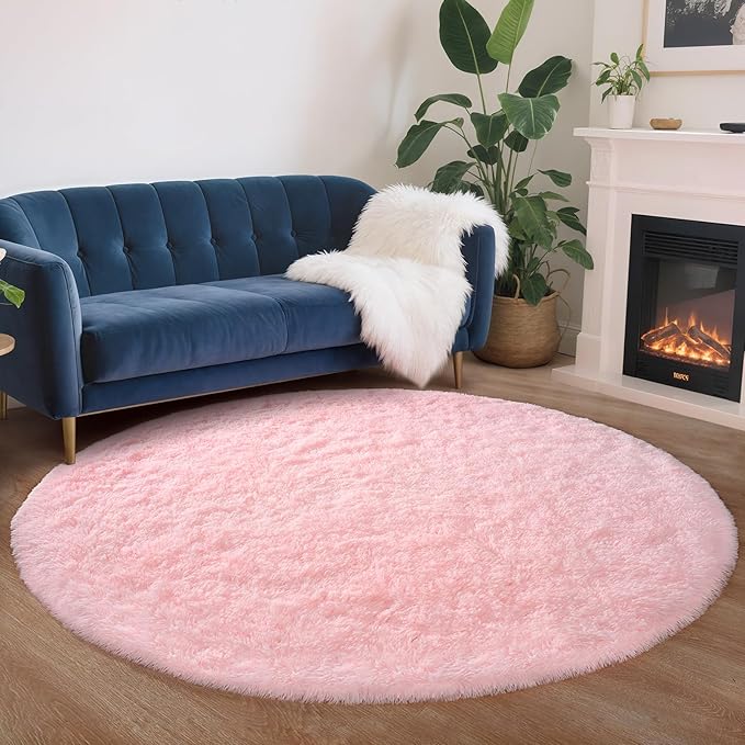 Pink Round Rug for Bedroom, 4Ft Fluffy Circle Area Rugs for Living Room, Shag Fuzzy Carpet for Kids Room, Nursery, Dorm, Classroom, Teen, Cute Baby Play Mat Home Decor Aesthetic