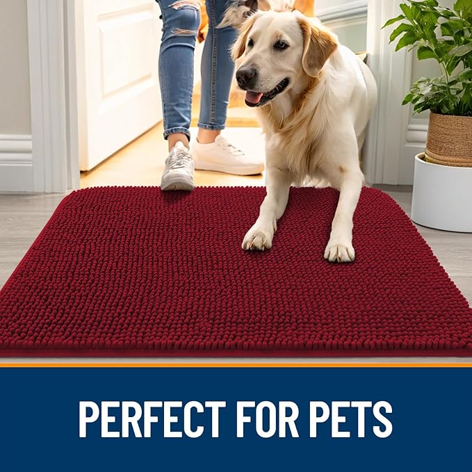 OLANLY Dog Door Mat for Muddy Paws 36x24, Absorbs Moisture and Dirt, Absorbent Non-Slip Washable Doormat, Quick Dry Chenille Mud Mat for Dogs, Entry Indoor Entryway Carpet for Inside Floor, Red