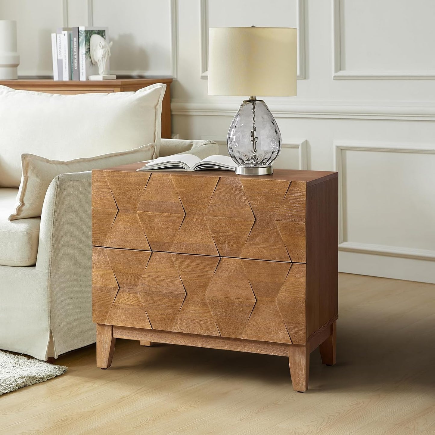 HULALA HOME Wood Nightstand with Charging Station 2 Drawer Dresser with Wooden Legs Mid Century Modern Bedside French Style End Table for Bedroom, Seadrift