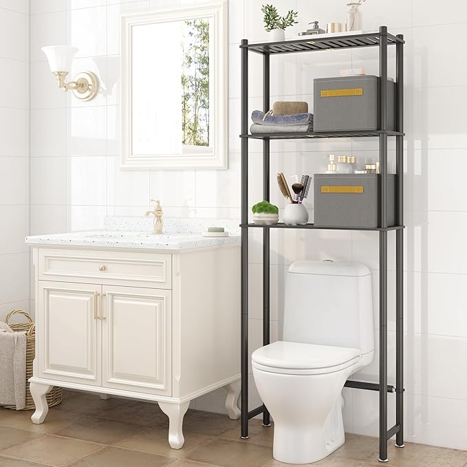 Over the Toilet Storage Cabinet Above Toilet Bathroom Organizer with Toilet Paper Holder Stand Bath Organizer with Adjustable Shelves & Acrylic Doors,Anti-Tip Device (Black, 3 Tiers)