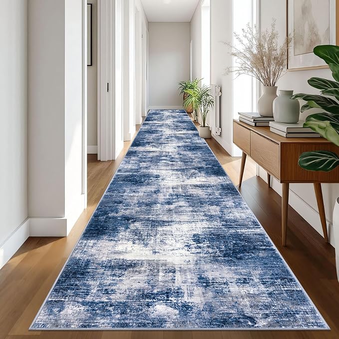 IOHOUZE Abstract Runner Rug 3x20 Ft Extra Long Washable Runners for Hallways, Non Slip Kitchen Runner Printed Faux Wool Entryway Runner Indoor, Modern Abstract Floor Carpet for Hall Stair, Navy/Grey