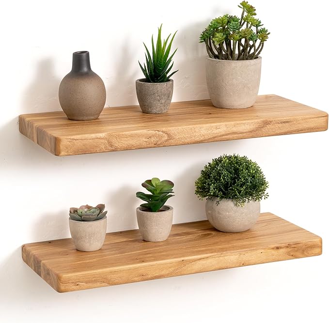Rustic Solid Elm Wood Floating Shelves, 18" W x 8" D Floating Shelf Wall Mounted, 8 Inch Deep Wall Shelves, Wooden Bathroom Shelf for Home, Deep Bookshelf for Living Room, Set of 2