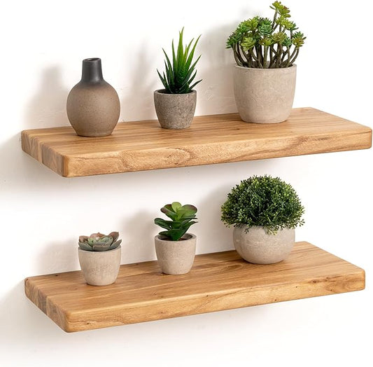Rustic Solid Elm Wood Floating Shelves, 18" W x 8" D Floating Shelf Wall Mounted, 8 Inch Deep Wall Shelves, Wooden Bathroom Shelf for Home, Deep Bookshelf for Living Room, Set of 2