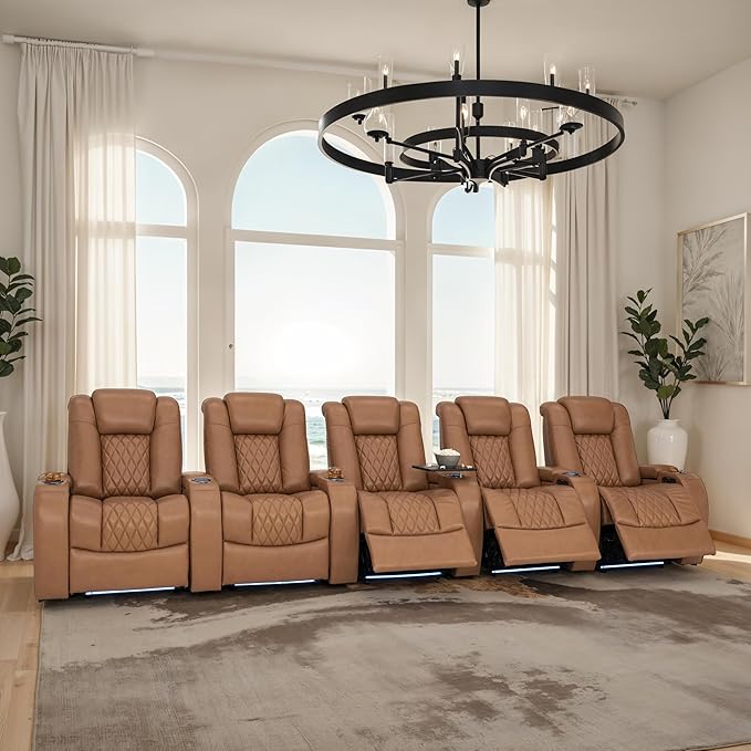 Seatcraft Diamante Zero-Gravity CoolZero Italian Leather Home Theater Seating, Power Headrest, Power Recline, Row of 5, Tan Oak