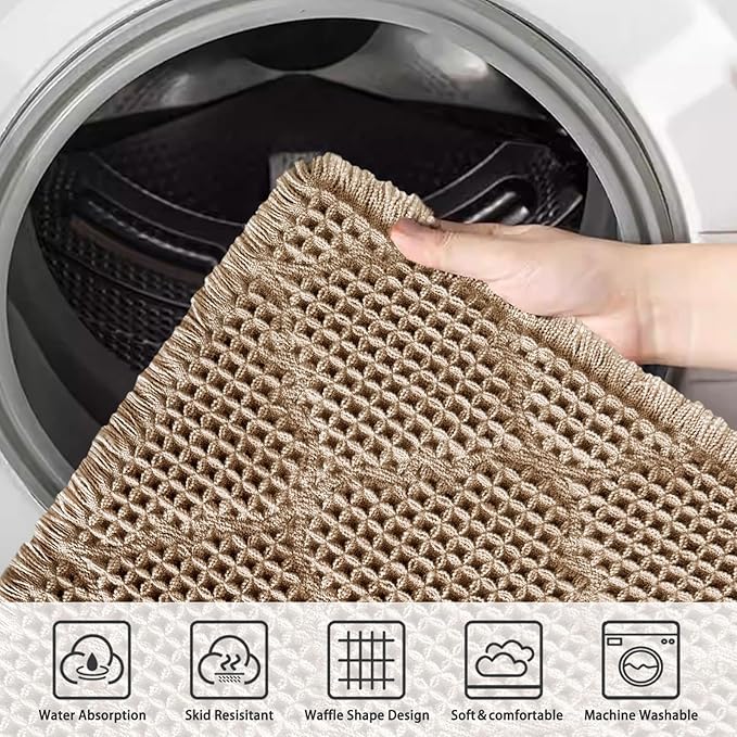 ZALL Tan Waffle Bath Mat,Super Absorbent Non Slip Bathroom Rug,Brown 24x36inch, Geometric Diamond Machine Washable Ultra Soft Floor Mats