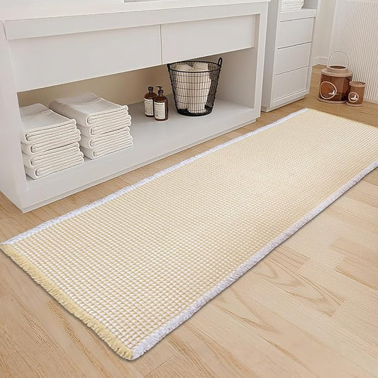 ZALL Beige Waffle Bath Mat,Super Absorbent Non Slip Long Bathroom Runner Rug,Cream 24X72inch,Machine Washable Ultra Soft Floor Mats