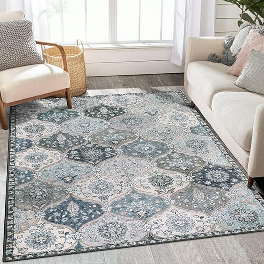 Lahome Moroccan Trellis Washable Rugs, 3x5 Area Rug for Bedroom Living Room, Indoor Non-Slip Small Oriental Accent Throw Carpet for Kitchen Entryway Bathroom Office, Blue
