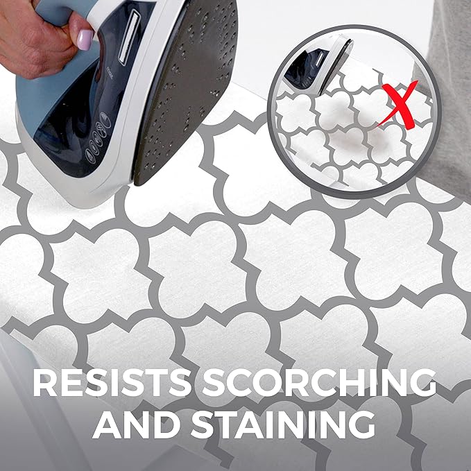 HOME GENIE Ironing Board Cover, Silicone Coating, Full Size Scorch Resistant Padding, Elastic Edge Heavy Duty Iron Pad Covers Standard Boards, Hook and Loop Fastener Strap Extra Thick, Quatrefoil Gray