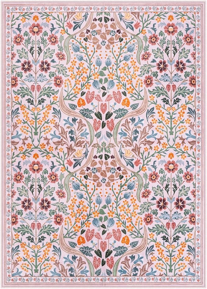 Lahome Floral Pink Boho Rugs for Classroom, 5x7 Washable Flower Dorm Rug for Bedroom Girls, Non Slip Plant Botanical Carpet for Nursery Living Room Kids Room, Soft Non Shedding Easy to Clean Carpets