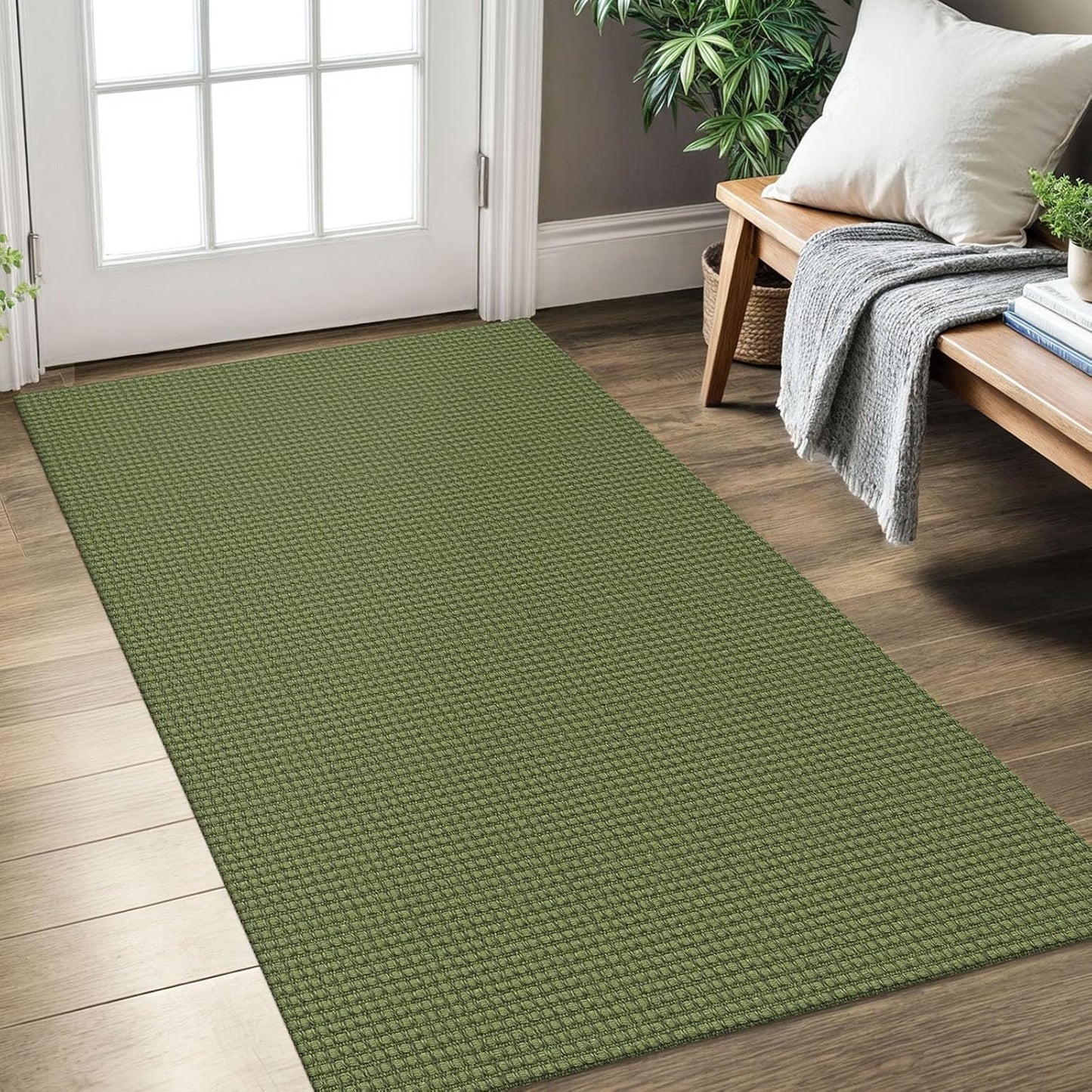 KOZYFLY Rugs for Entryway 3x5 ft Washable Area Rug Non Slip Rubber Backed Entry Rug Woven Indoor Door Mat Cotton Kitchen Rugs Floor Carpet for Entryway, Foyer, Backdoor, Olive Green/Earthy Green