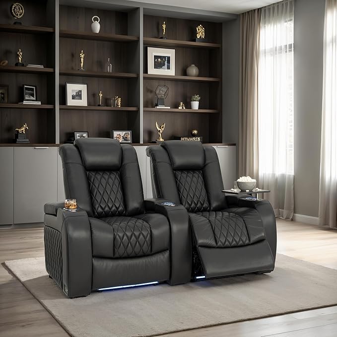 Seatcraft Diamante Zero-Gravity CoolZero Italian Leather Home Theater Seating, Power Headrest, Power Recline, Row of 2, Black