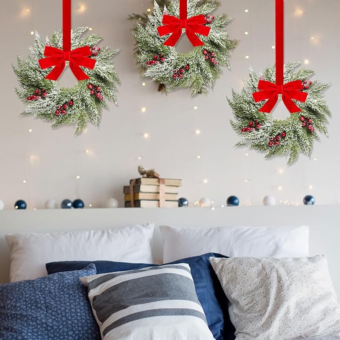 18 Pcs Small Christmas Norfolk Wreaths 15 Inch Christmas Kitchen Cabinet Mini Wreath Real Touch with Bow Ribbon Cedar Red Berry for Xmas Front Door Window Chair Fireplace Table Pillar Farmhouse Decor