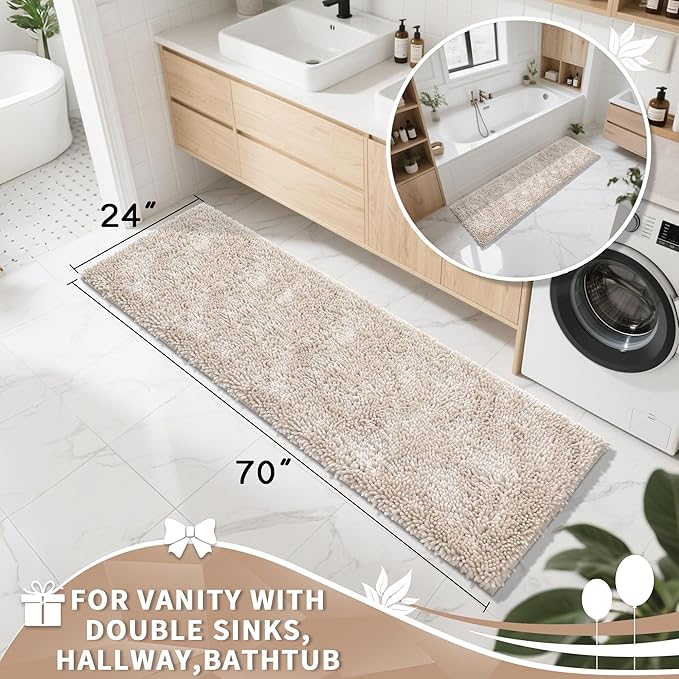 Yimobra Long Bathroom Rugs Runner 70x24 Inch, Extra Thick Soft Absorbent Chenille Bath Mat, Non Slip Machine Washable, Quick Dry Bath Rugs for Bathroom Floor, Tub and Shower, Khaki