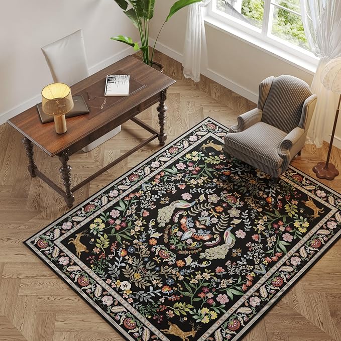Living Room Rug 5x7 Rug Machine Washable Area Rug Floral Non-Slip Low Pile Large Rugs for Living Room, Bedroom, Farmhouse, Dining Room, Kids Playroom (Vibrant Black)
