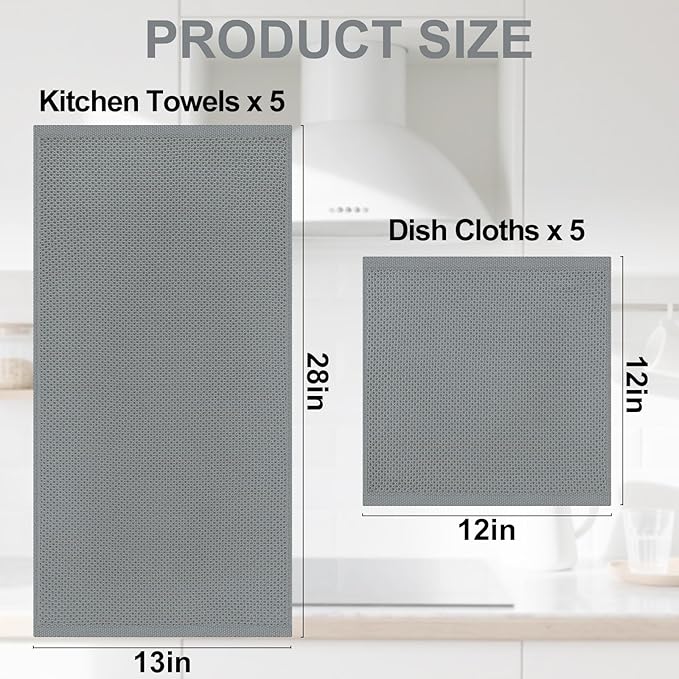 Homaxy 100% Cotton Kitchen Towels and Dishcloths Set, 12 x 12 Inches and 13 x 28 Inches, Set of 10 Bulk Kitchen Towels Set, Ultra Soft Absorbent Dish Cloths for Washing Dishes, Grey