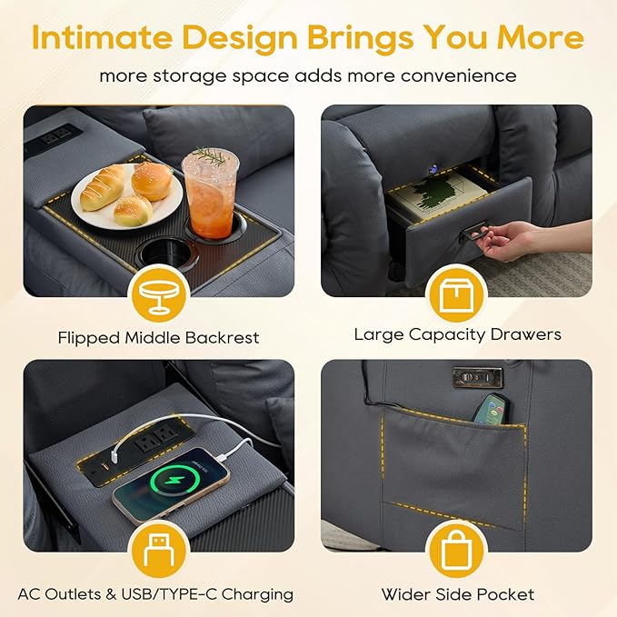 IPKIG 67" Power Reclining Loveseat Sofa, Electric Home Theater Seating with Console/4 Colors Ambient Lighting/Bluetooth Speakers/USB Ports/Built-in Outlets (Light Blue, Loveseat Recliner)