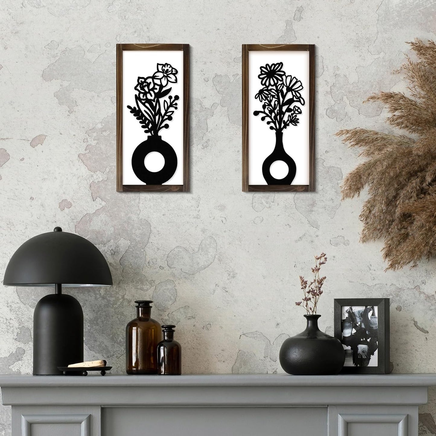 Kas Home 3D Floral Wall Art, 2 Set Rustic Wood Boho Flower with Vase Framed Wall Decor for Bathroom Living Room Bedroom Office Housewarming Gift, Ready To Hang Plaque Sculptures (White-B, 6L" x 12W", Framed)