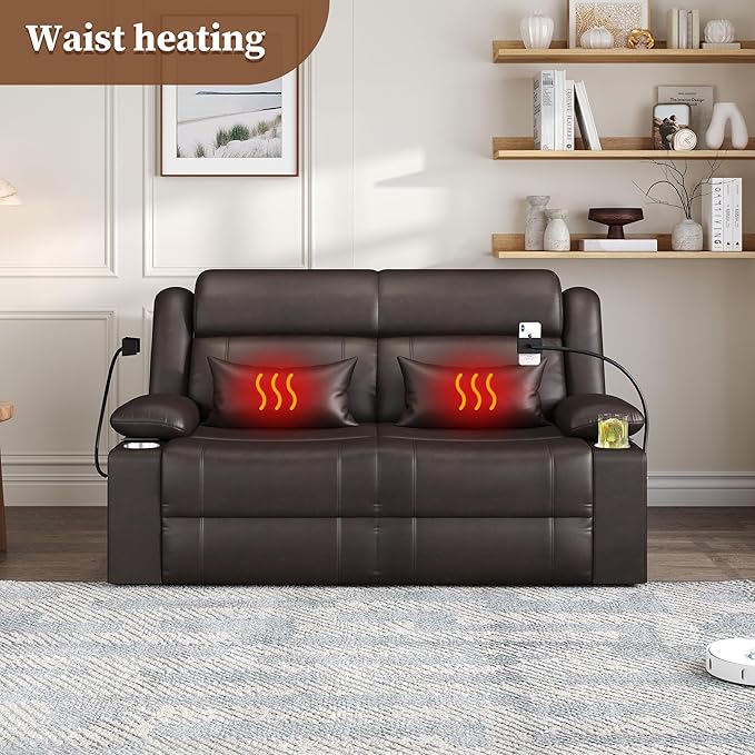 Home Theater Seating，RV Reclining Sofa Set with Adjustable Headrest， Recliner Sofa with Heat and USB&Type-C, Dawer & Cup Holders, 150° Recline for RV & Living Room(Loveseat Brown)