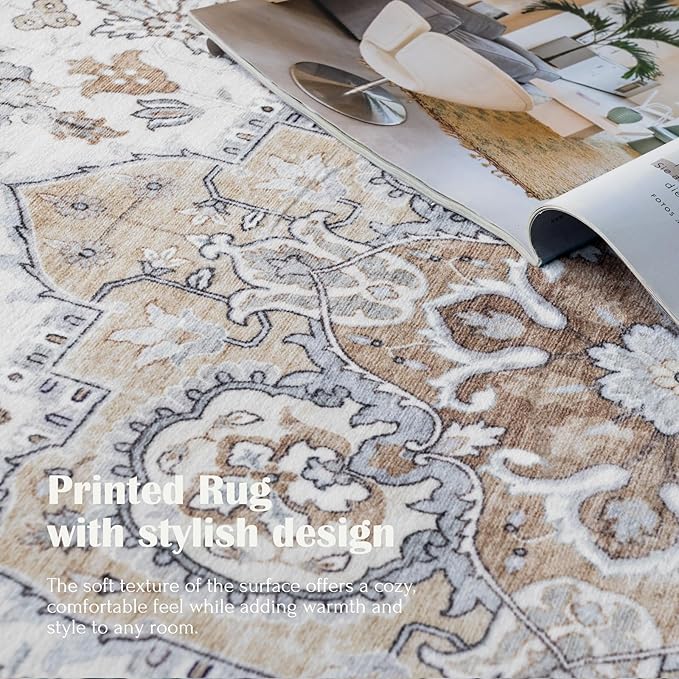 6x9 Area Rug for Living Room - Large Oriental Washable Rugs for Bedroom Non-Slip Tan Cream Stain Resistant Dining Room Rug Farmhouse Low-Pile Carpet Soft Vintage Rug for Office Guest Room