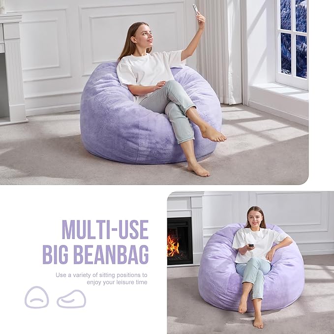 Hobestluk 3FT Bean Bag Chairs for Adults Large Beanbag Chair with Plush Faux Fur Cover Big Bean Bag Chair for Living Room Bedroom Dorm Office -Purple (36” x 36” x 22”)