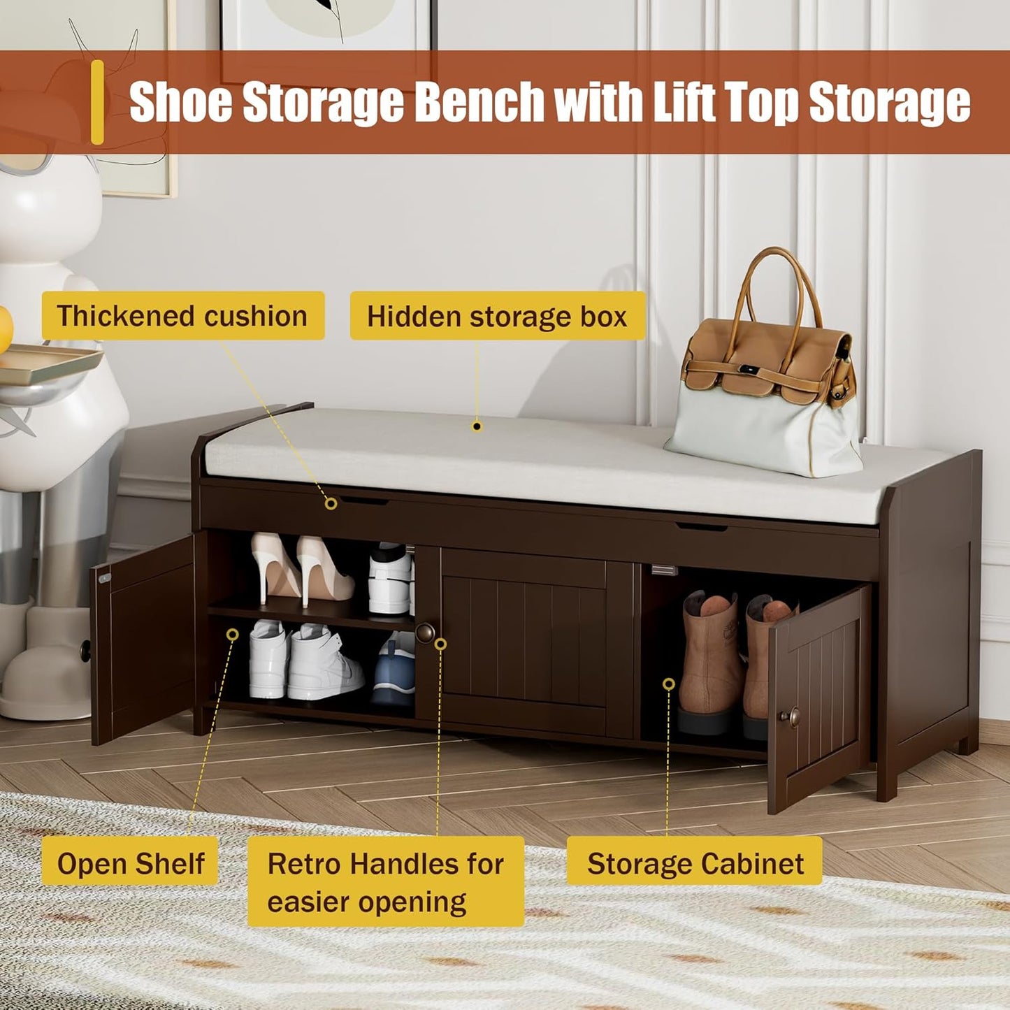 HOMEFORT 41.3" Shoe Bench with Lift Top Storage, Entryway Bench with Cushioned Seat, Wooden End of Bed Bench, Shoe Cabinet Bench with Hidden Storage Space, for Bedroom, Hallway,Espresso
