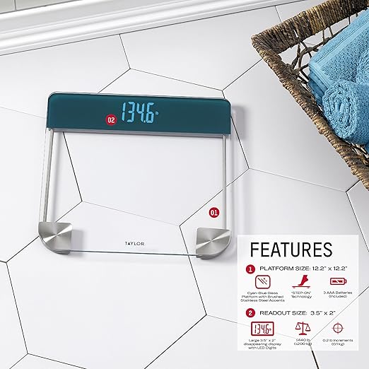 Taylor Digital Glass Bathroom Scale, Vanishing Display for Body Weight, Cyan Blue
