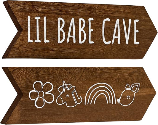 Baby Girl Nursey Wall Decor - 2 pcs 14" x 5" Babe Cave Sign, Baby Girl Room Decorations Wall Art, Woodland Nursery Decor, Brown