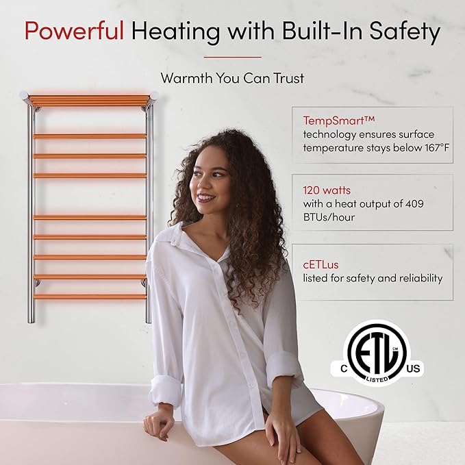 WarmlyYours Towel Warmers for Bathroom - Wall Mounted Heated Towel Rack with Shelf, 11 Bars Polished Stainless Steel, 20 x 36 in. Electric Heating and Drying Rack, 120V Plug-in or Hardwired (Summit)
