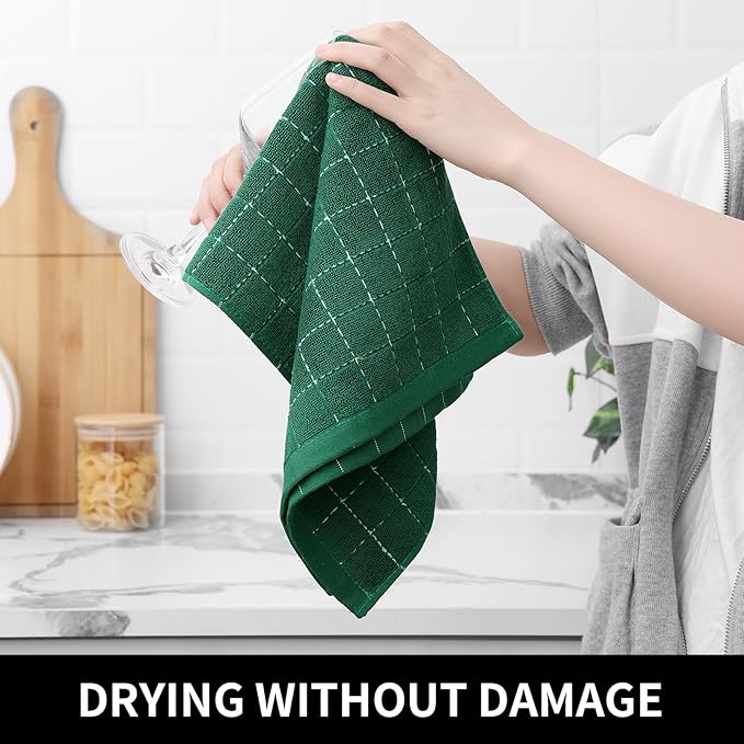 Homaxy 100% Cotton Terry Kitchen Towels(Dark Green, 13 x 28 inches), Checkered Designed, Soft and Super Absorbent Dish Towels, 8 Pack