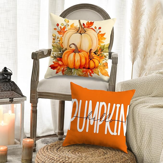JioJio Chan Fall Pillow Covers 18x18 - Set of 4 Throw Pillow Covers for Sofa Couch, Autumn Thanksgiving Pumpkin Orange Decoration for Home Living Room Bedroom Decor Outdoor Indoor