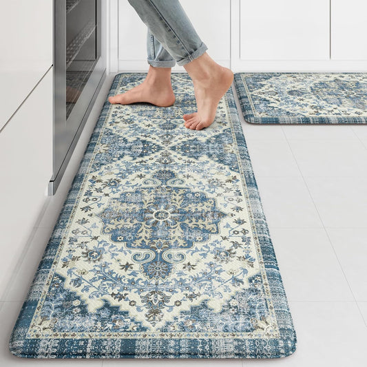KIMODE Anti Fatigue Kitchen Mats, 17"x47"+17"x29" Boho Vintage Kitchen Rugs Sets of 2, Non Slip Kitchen Mats for Floor, Cushioned Kitchen Floor Mats for Sink Laundry Office Desk Blue Multi