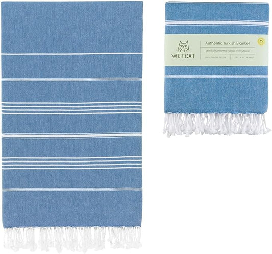 WETCAT Turkish Beach Blanket Sandproof (82"x82") 100% Turkish Cotton, Made in Turkey - Sand Free, Ultra Soft, Extra Large Throw for Picnic – Blue